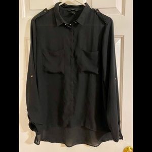 H&M Black Button Down Asymmetrical Long Sleeve Polyester Blouse Size 10